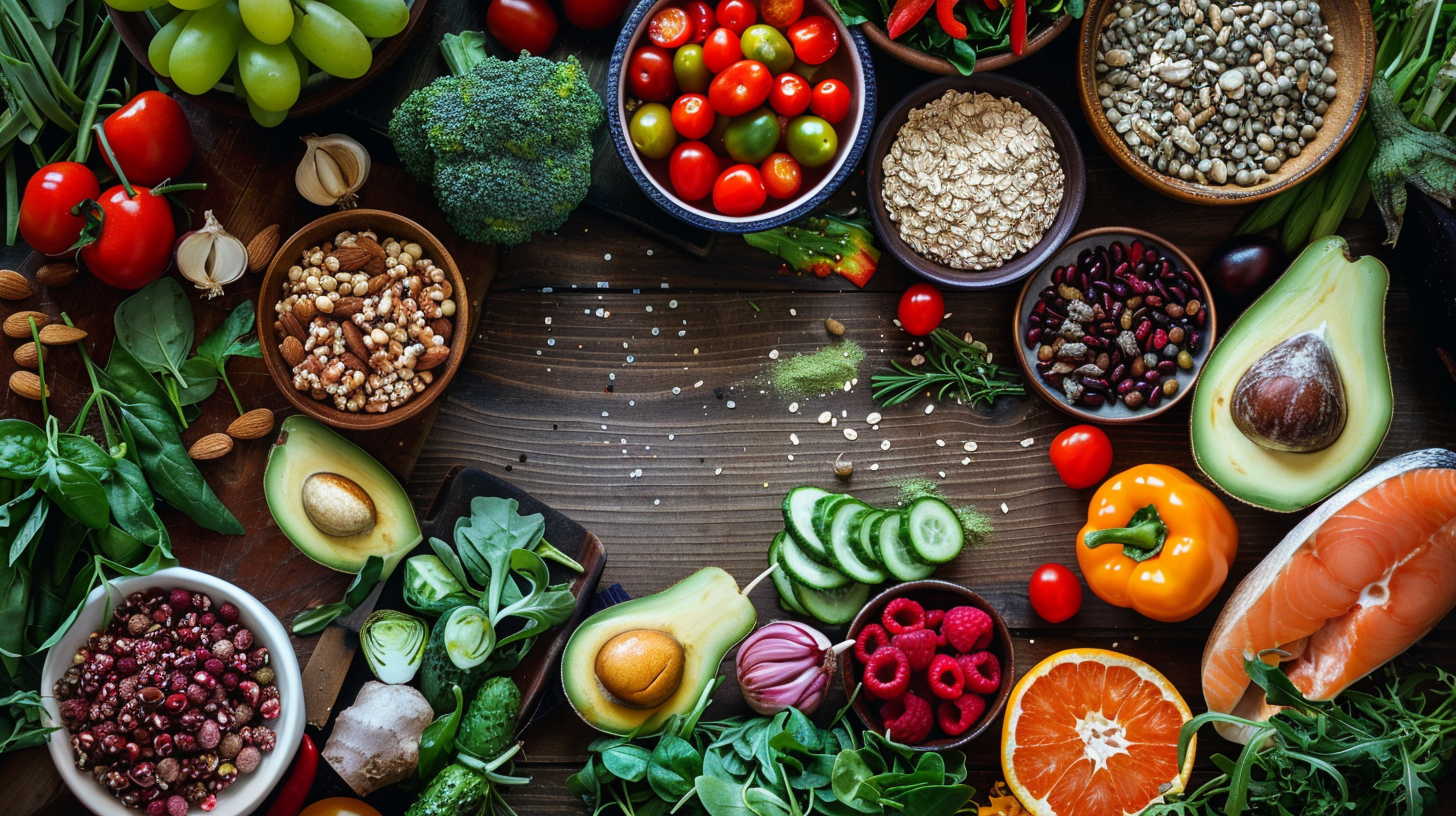 Різноманітні свіжі продукти для збалансованого харчування